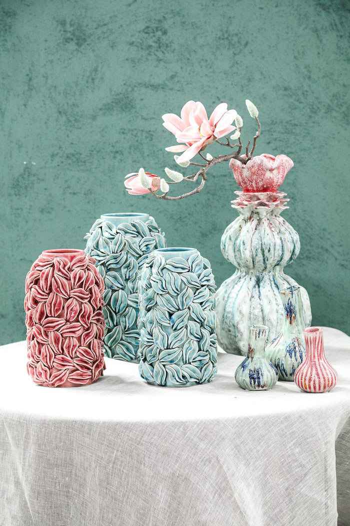 PTMD Zubeda Blue Round Glazed Ceramic Pot With Leaves L