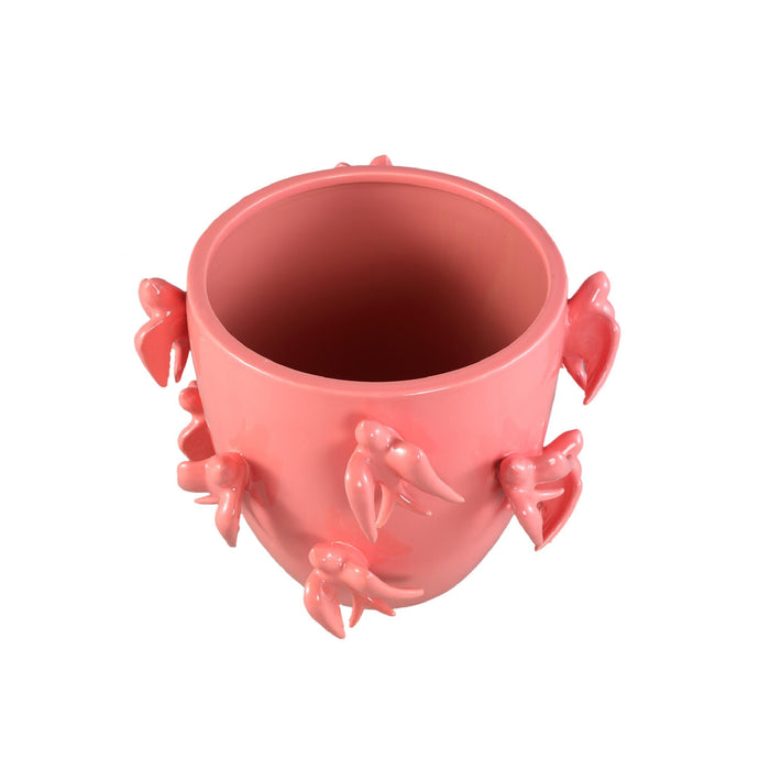 PTMD Emmelyn Pink Round Ceramic Glazed Pot Birds L