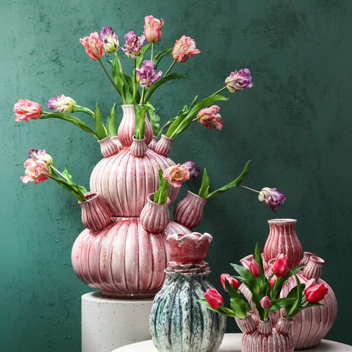 PTMD Nolou Pink Ceramic Tulip Vase Ribbed Round L