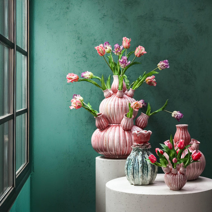 PTMD Nolou Pink Ceramic Tulip Vase Ribbed Round S