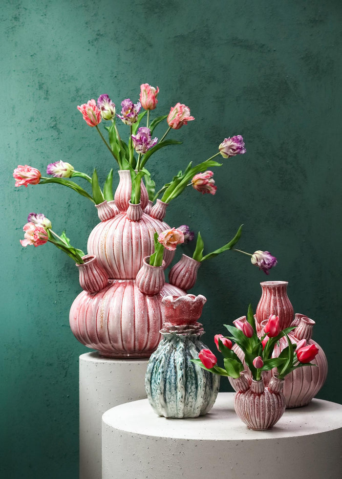 PTMD Nolou Pink Ceramic Tulip Vase Ribbed Round S