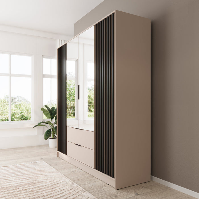 Meubella - Kledingkast Nairobi - Beige - Zwart - 206 cm - met spiegel