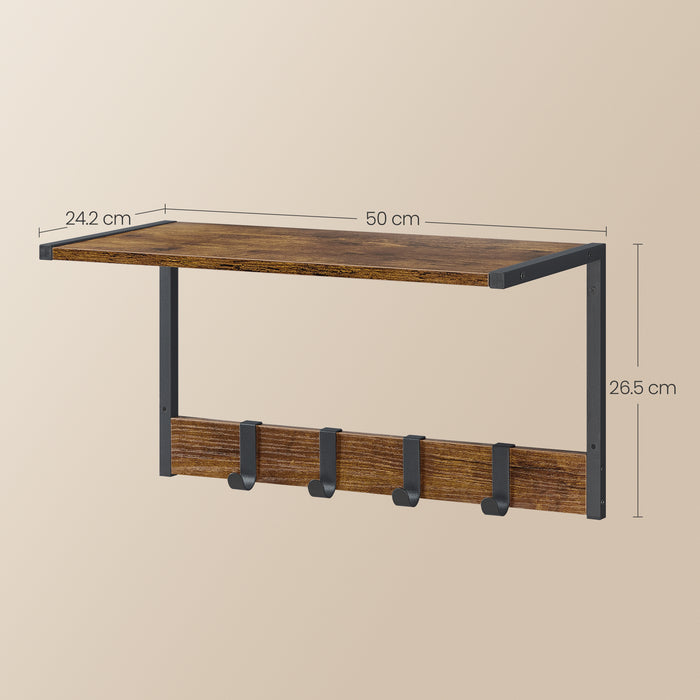 ACAZA Kapstok - Wandplank - Wandrek - Set van 2 - 4 Verwijderbare Haken - 50 x 24 x 26.5 cm - Vintage Bruin
