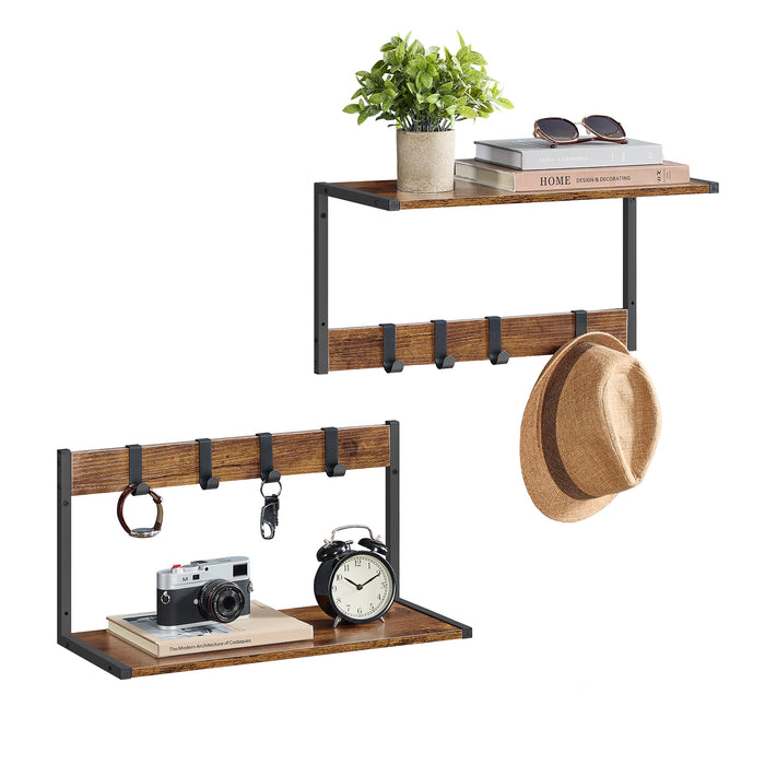 ACAZA Kapstok - Wandplank - Wandrek - Set van 2 - 4 Verwijderbare Haken - 50 x 24 x 26.5 cm - Vintage Bruin