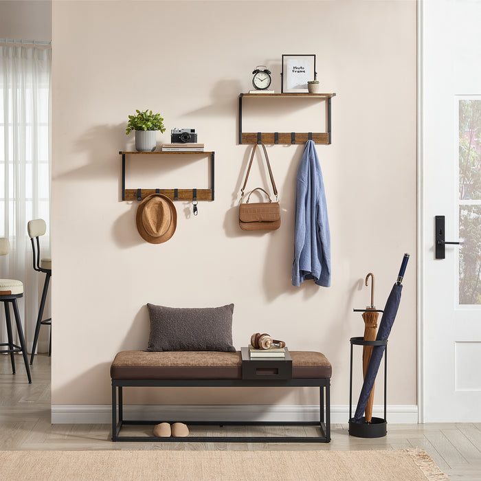 ACAZA Kapstok - Wandplank - Wandrek - Set van 2 - 4 Verwijderbare Haken - 50 x 24 x 26.5 cm - Vintage Bruin