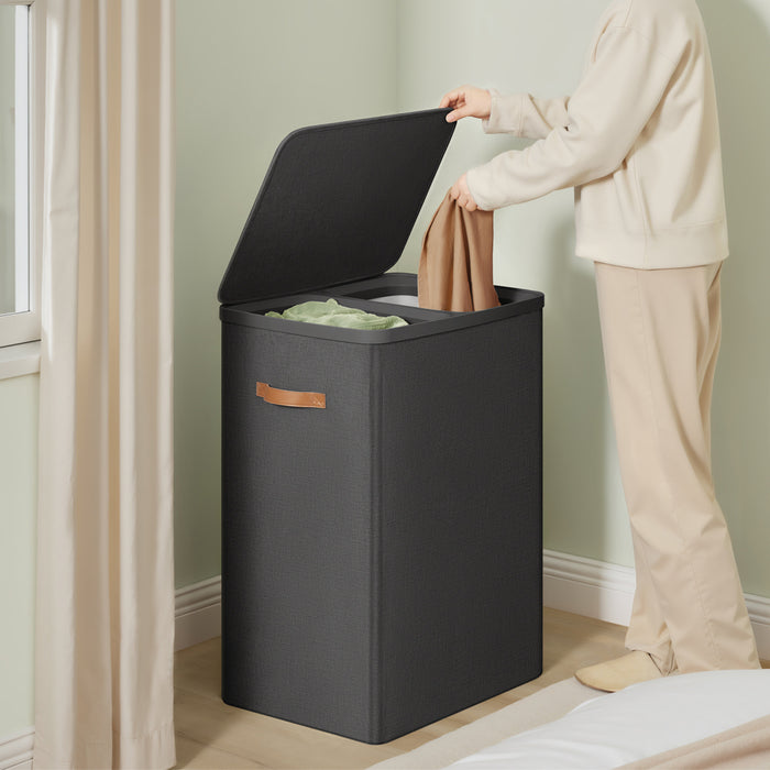 ACAZA Wasmand Met Deksel - 2 Vakken - 170 L - 56 x 40 x 75 cm - Donkergrijs