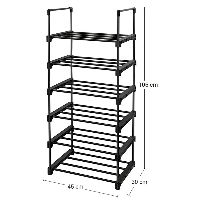 Schoenenrek bestaande uit 6 Vakken - Schoenenopberger - metalen Opbergrek, voor 12 tot 15 paar Schoenen - stapelbaar Schoenenrek - voor Hal, Woonkamer, Slaapkamer - 30 x 45 x 106 cm - Zwart