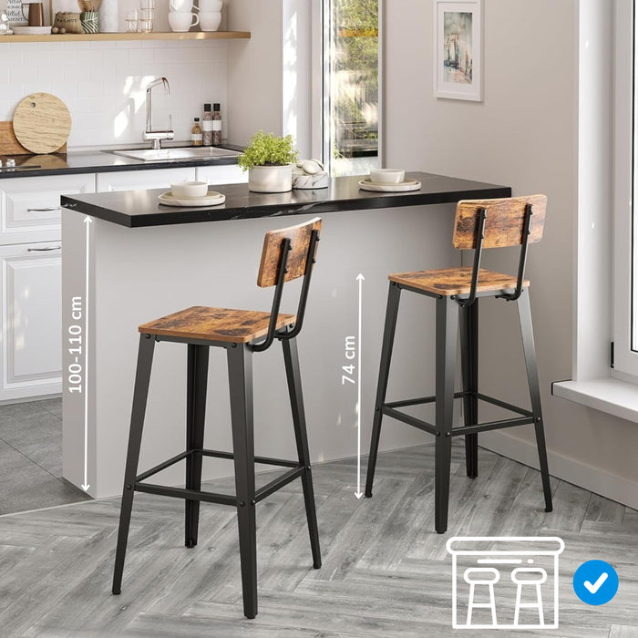 ACAZA Barkrukken - Barkruk - Barkrukken Set van 2 - Zithoogte 74 cm - Vintage Bruin - STRAK design - Barstoel - Barkrukken met Rugleuning - Voetsteun - Ronde Barkrukken - Industrieel - Barstoelen