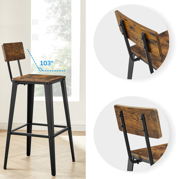 ACAZA Barkrukken - Barkruk - Barkrukken Set van 2 - Zithoogte 74 cm - Vintage Bruin - STRAK design - Barstoel - Barkrukken met Rugleuning - Voetsteun - Ronde Barkrukken - Industrieel - Barstoelen