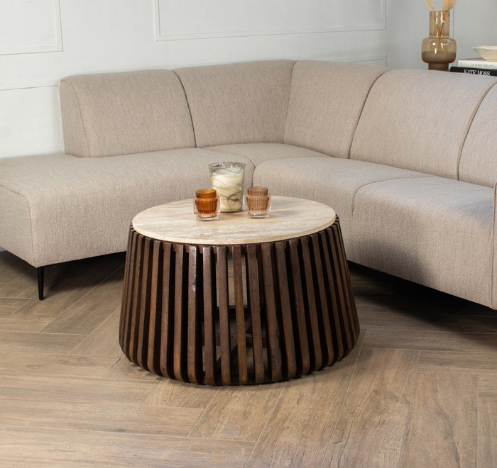 Giga Meubel - Salontafel Ø70cm Travertin - Bruin Houten Onderstel