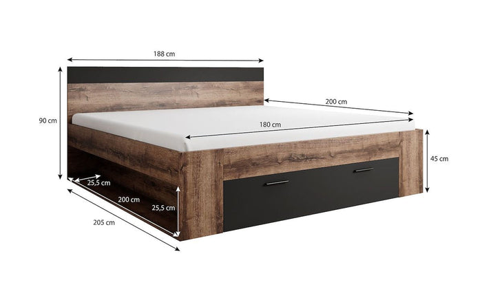 Meubella - Tweepersoonsbed Brown - Zwart - Eiken - 180x200 cm