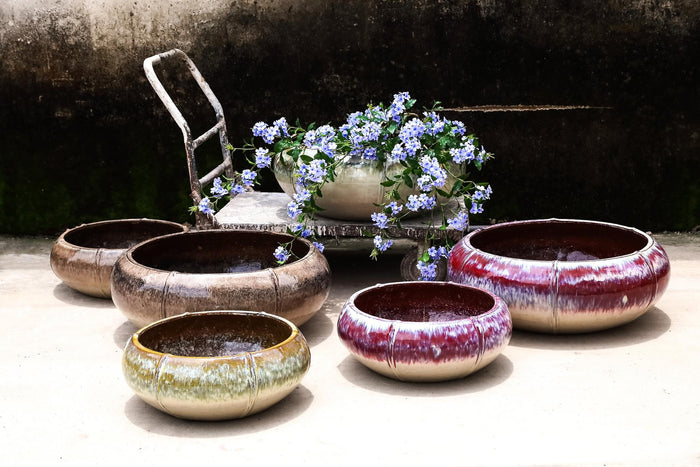 PTMD Azad Cream Ceramic Bowl Pot Low Round Set Of 2