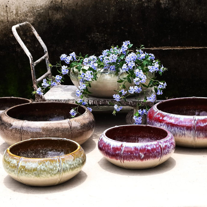 PTMD Azad Cream Ceramic Bowl Pot Low Round Set Of 2