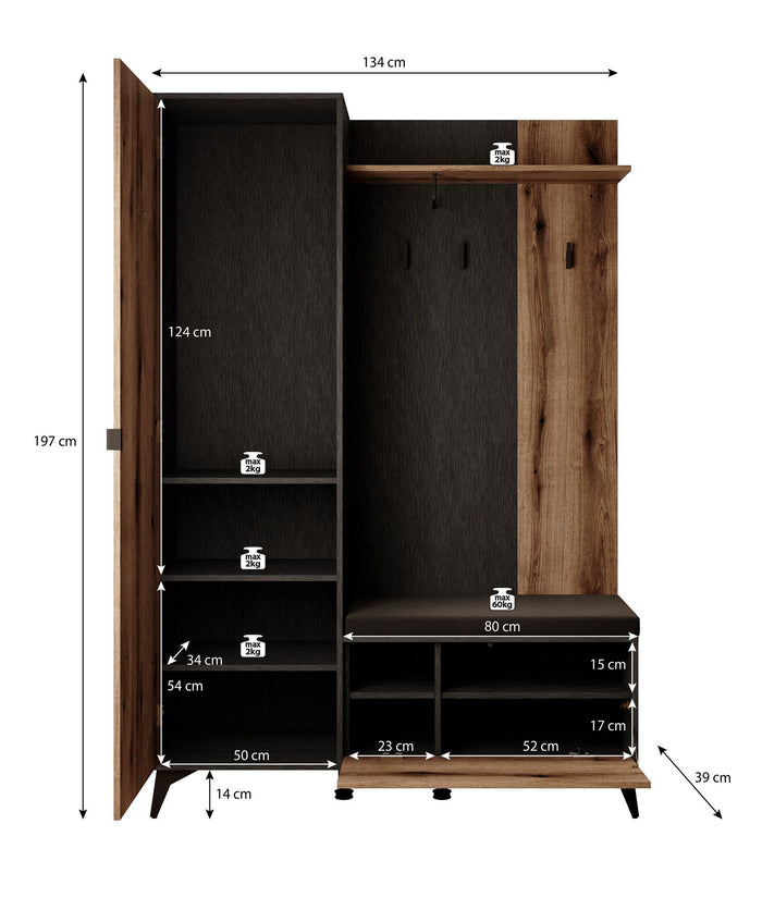 Meubella - Kapstok Dolores - Eiken - Zwart - 134 cm