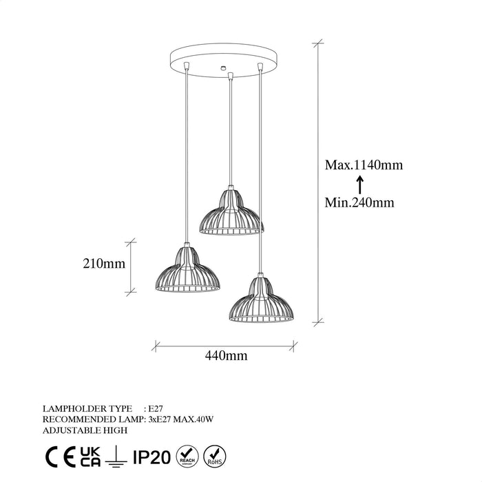 Giga Meubel - Hanglamp Zwart Metaal - 3-Lichts - 44x44x114cm - Dopo
