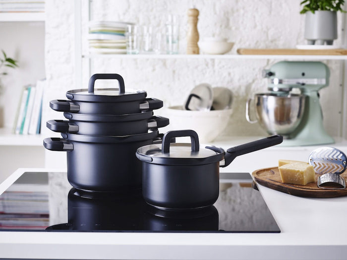 BK Pannenset Flow Cool Zwart RVS + BK Koekenpannenset Granite Aluminium - 6 Delig