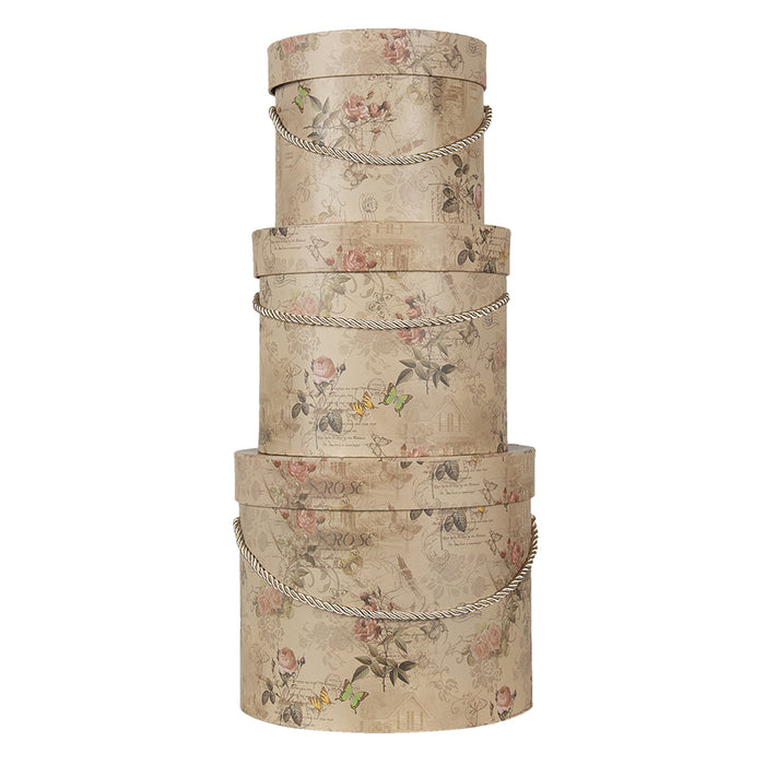 Clayre & Eef Hoedendoos Set van 3 Ø 23x20 cm Beige Roze Karton Bloemen