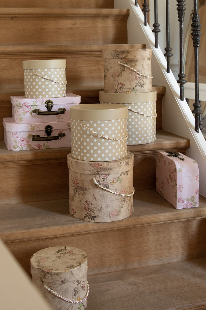 Clayre & Eef Hoedendoos Set van 3 Ø 23x20 cm Beige Roze Karton Bloemen