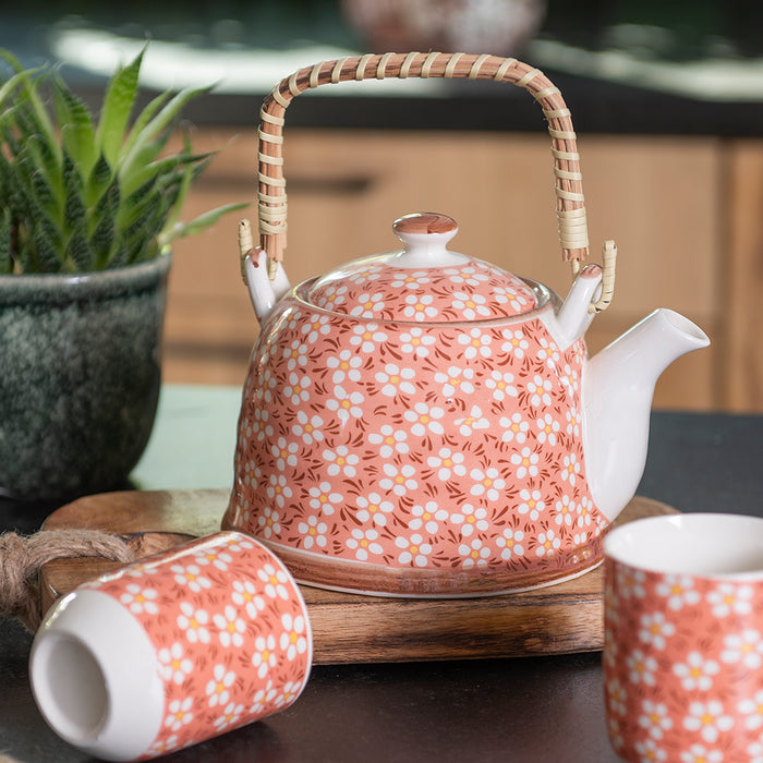 Clayre & Eef Theepot met Filter 700 ml Roze Keramiek Bloemen