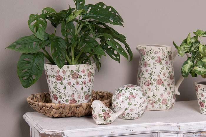 Clayre & Eef Beeld Vogel 10x6x7 cm Roze Beige Keramiek Bloemen