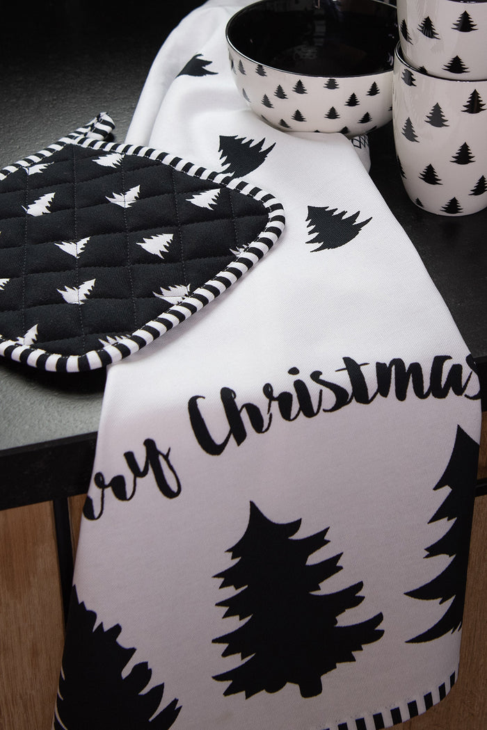 Clayre & Eef Tafelloper Kerst 50x140 cm Zwart Wit Katoen Kerstbomen