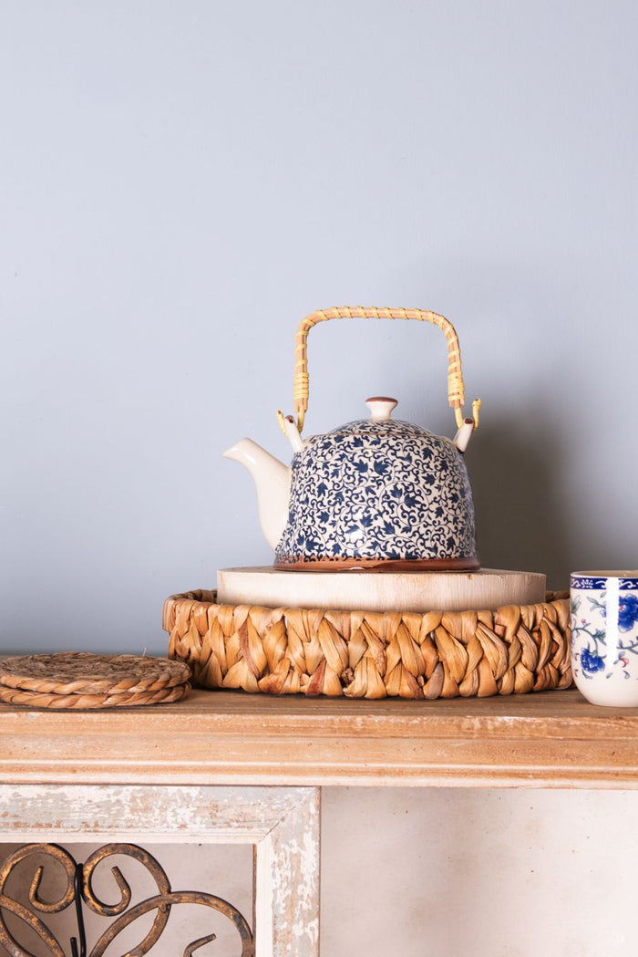 Clayre & Eef Theepot met Filter 700 ml Blauw Keramiek Bloemen