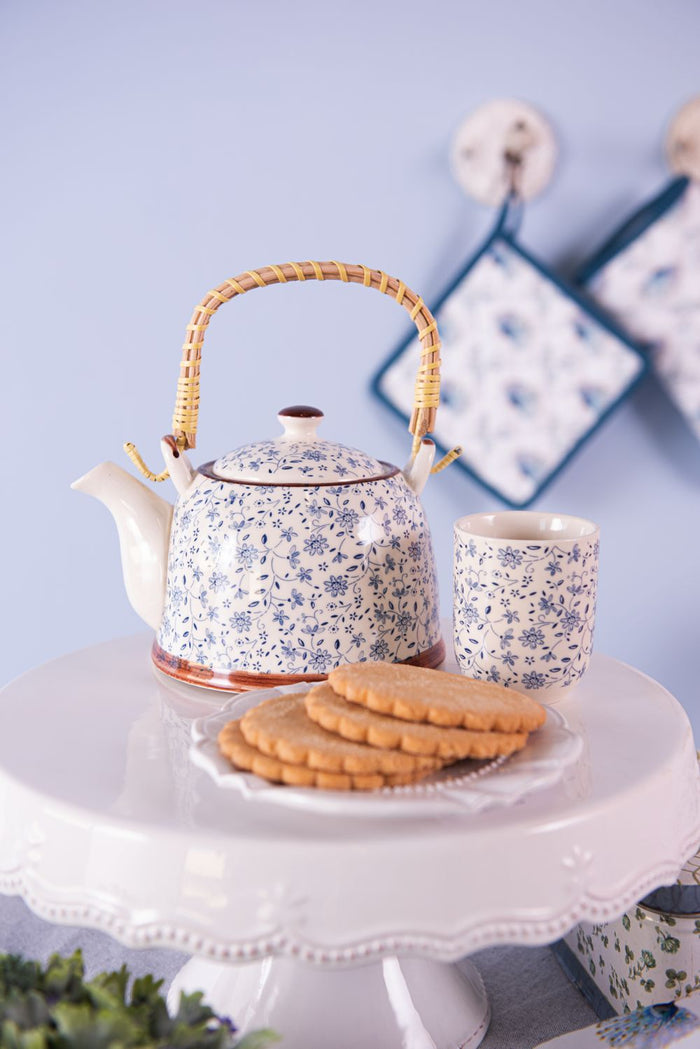 Clayre & Eef Theepot met Filter 700 ml Blauw Keramiek Bloemen