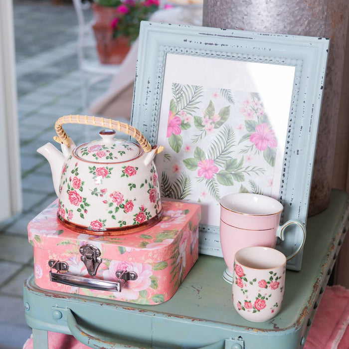 Clayre & Eef Theepot met Filter 700 ml Beige Roze Keramiek Bloemen