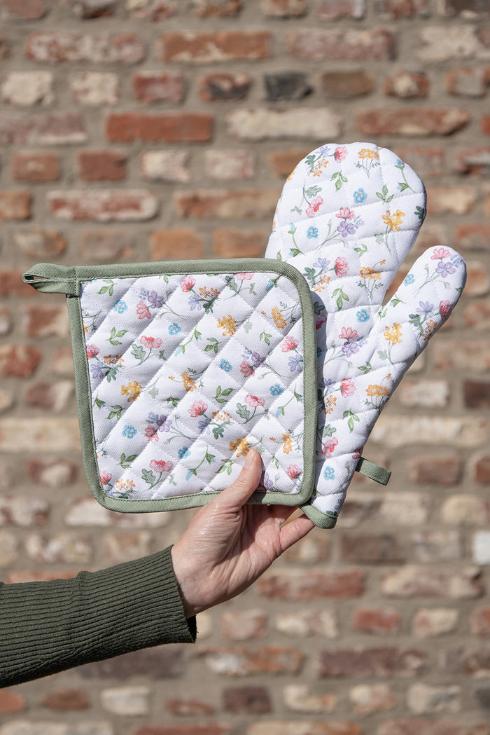 Clayre & Eef Theedoek Ø 80 cm Wit Groen Katoen Bloemen