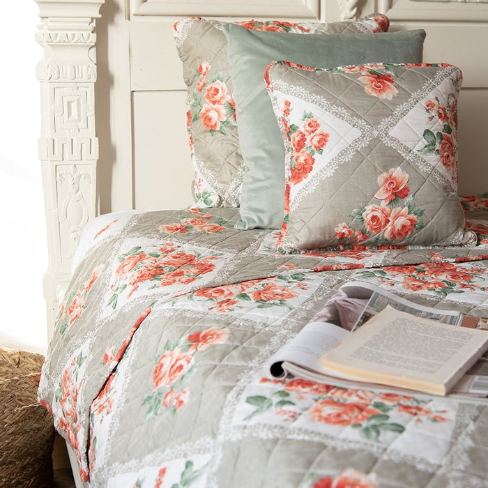 Clayre & Eef Bedsprei 140x220 cm Grijs Roze Katoen Bloemen