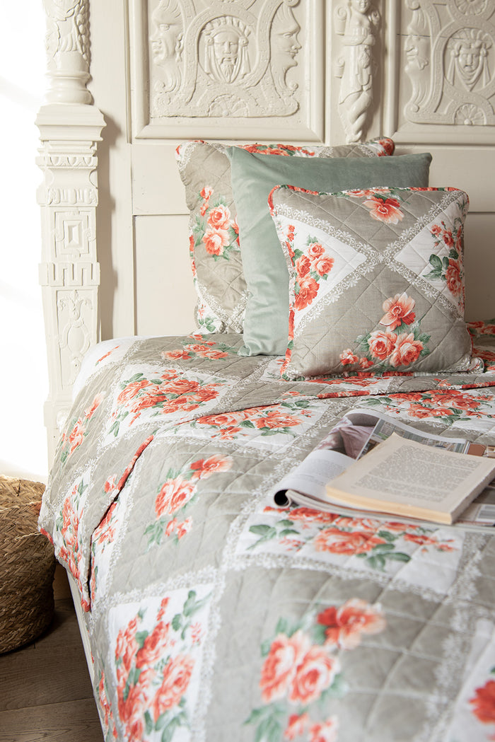 Clayre & Eef Bedsprei 140x220 cm Grijs Roze Katoen Bloemen