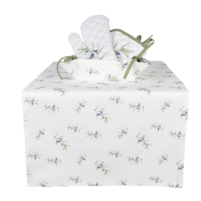 Clayre & Eef Tafelloper 50x140 cm Wit Katoen Olijven