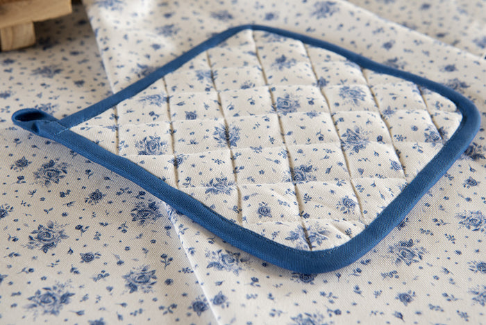 Clayre & Eef Pannenlap 20x20 cm Wit Blauw Katoen Roosjes