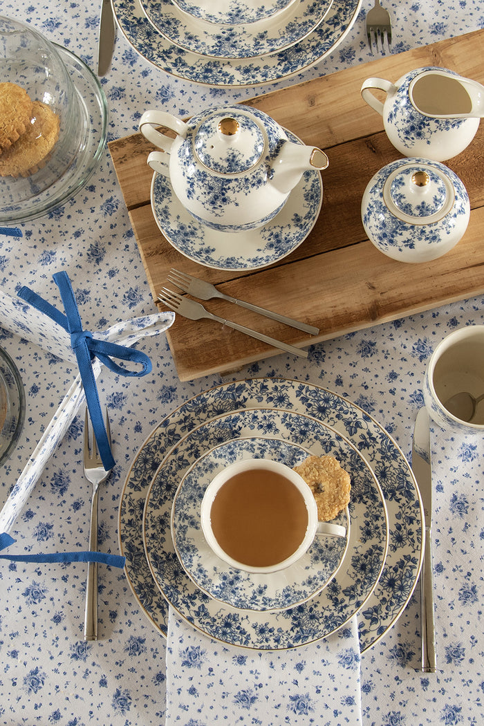 Clayre & Eef Theedoek Ø 80 cm Wit Blauw Katoen Roosjes