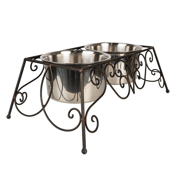 Clayre & Eef Voerbak Hond 2x2000 ml Bruin Ijzer Rechthoek Voerbak