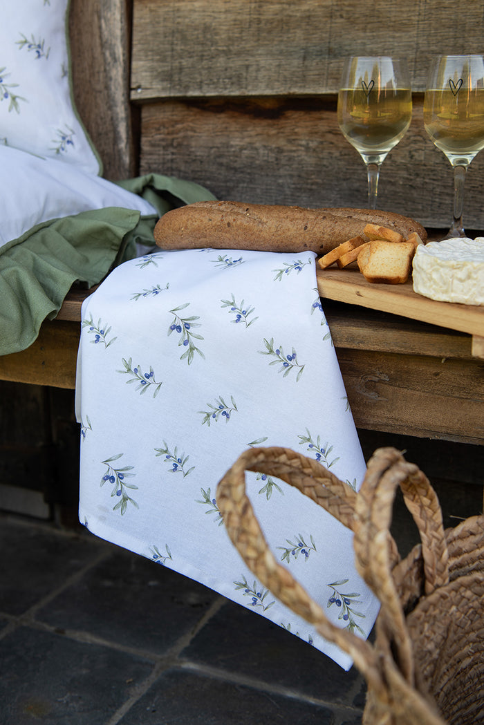 Clayre & Eef Theedoek Ø 80 cm Wit Katoen Olijven