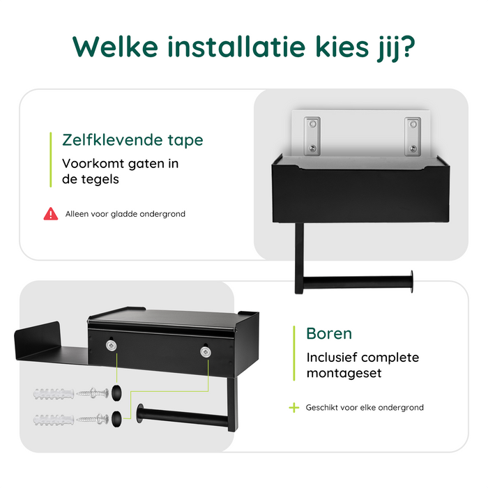 XIVADA Toiletrolhouder - Met plankje - Met opbergbakje - Rvs - Zwart