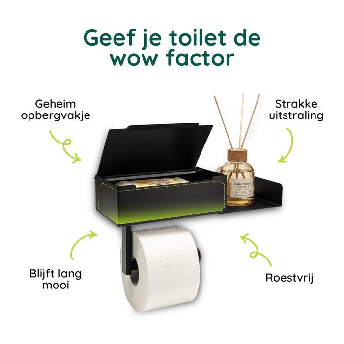 XIVADA Toiletrolhouder - Met plankje - Met opbergbakje - Rvs - Zwart
