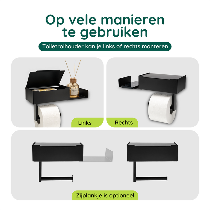 XIVADA Toiletrolhouder - Met plankje - Met opbergbakje - Rvs - Zwart