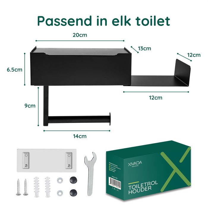 XIVADA Toiletrolhouder - Met plankje - Met opbergbakje - Rvs - Zwart