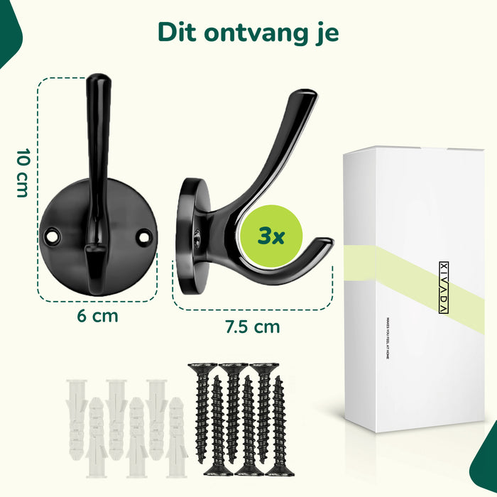 XIVADA Kapstokhaak Zena - Inclusief schroefset - Zwart - Set van 3