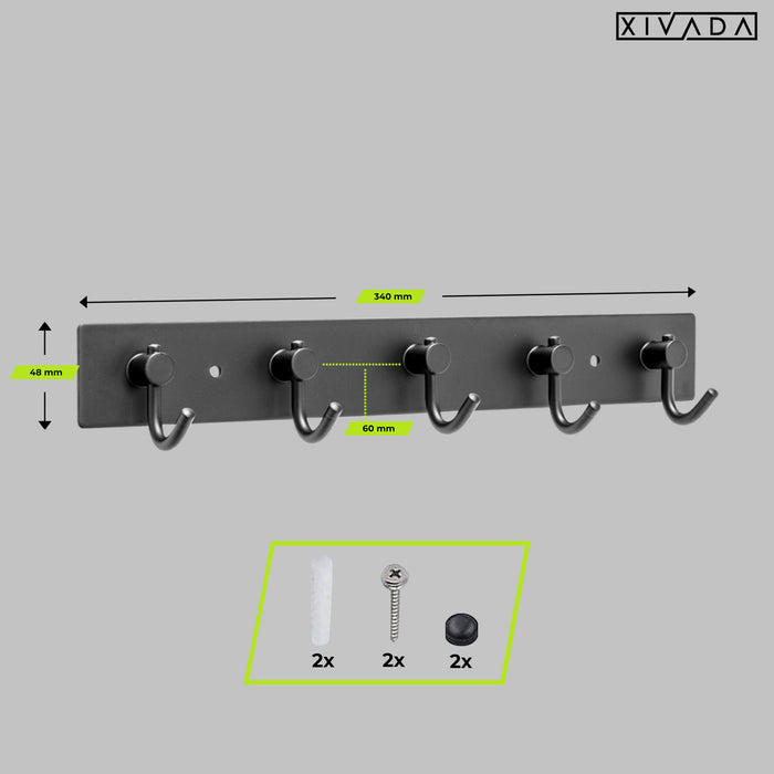XIVADA Kapstok Hangend - 5 Haken - Model J - Aluminium - 34 cm - Zwart