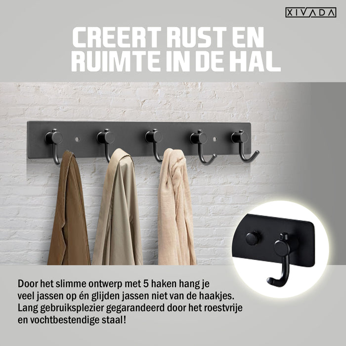 XIVADA Kapstok Hangend - 5 Haken - Model J - Aluminium - 34 cm - Zwart