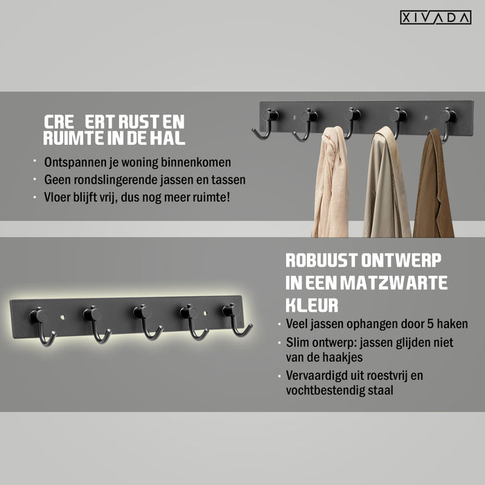 XIVADA Kapstok Hangend - 5 Haken - Model J - Aluminium - 34 cm - Zwart