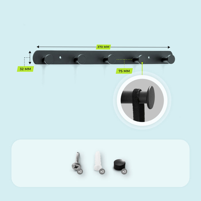 XIVADA Kapstok Hangend - Boren - 5 Haken - Rvs - 37 cm - Zwart