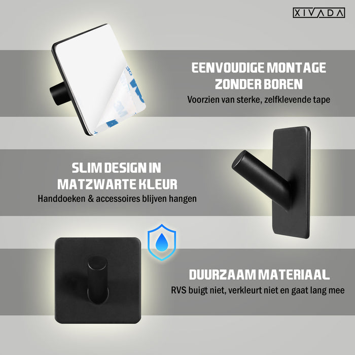 XIVADA Handdoekhaak Paza - Rvs - 3M Tape - Zwart - Set van 2