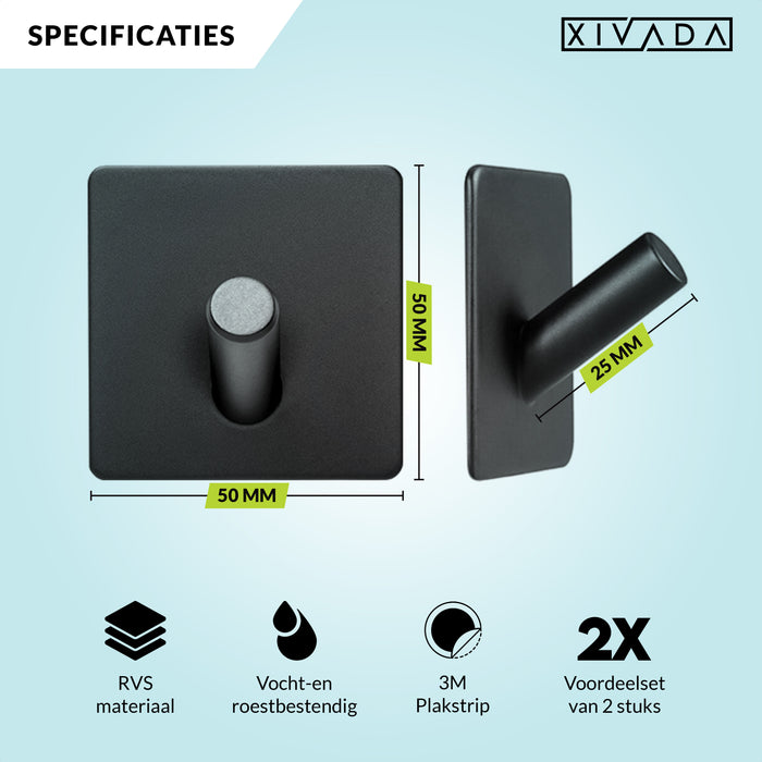 XIVADA Handdoekhaak Paza - Rvs - 3M Tape - Zwart - Set van 2