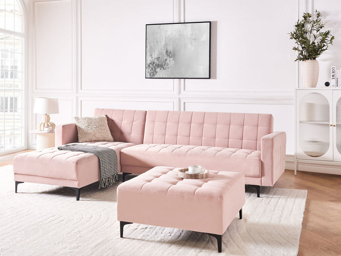 Beliani-ABERDEEN-Slaapbank met ottomaan-Pastelroze-Rechts-Fluweel