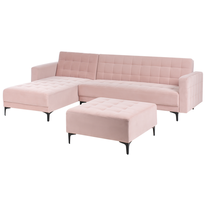 Beliani-ABERDEEN-Slaapbank met ottomaan-Pastelroze-Rechts-Fluweel