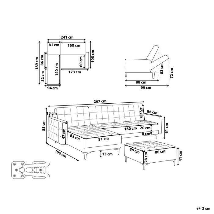 Beliani-ABERDEEN-Slaapbank met ottomaan-Zeeblauw-Rechts-Fluweel